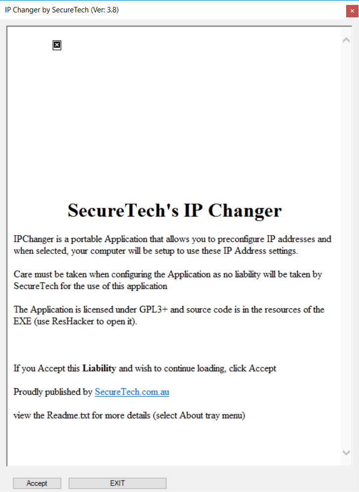 IPChanger for Windows 10 IPV4 Disclaimer window