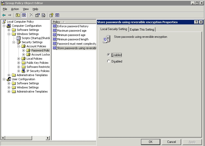 Alter Group Policy to allow storing passwords using reversible encryption.