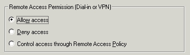 Screenshot showing user properties Remote Access Permission to allow VPN access