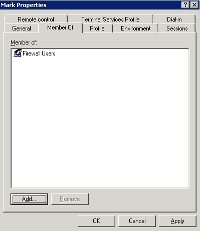Screenshot showing user is a member of firewall users group
